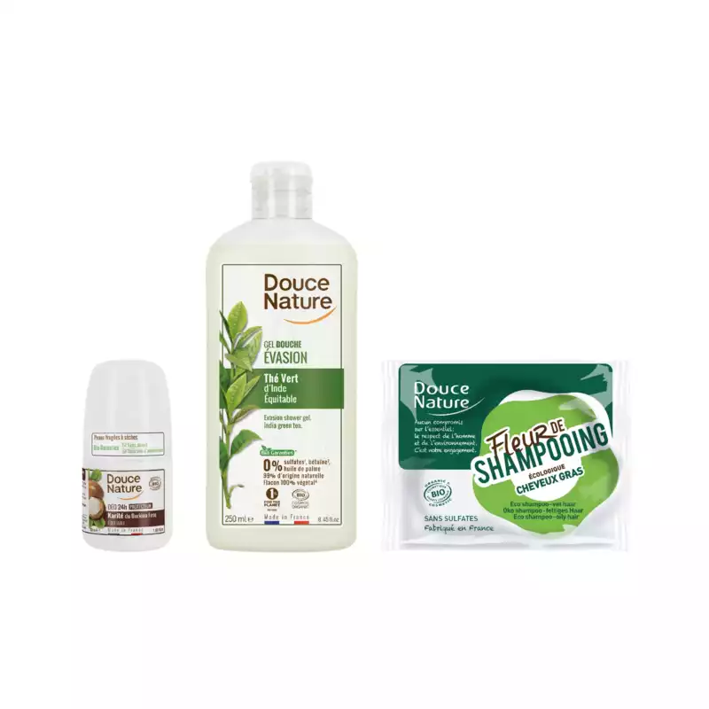 Naravni gel tuš zeleni čaj + Trdi šampon za mastne lase + Deodorant karite (-10% POPUST)